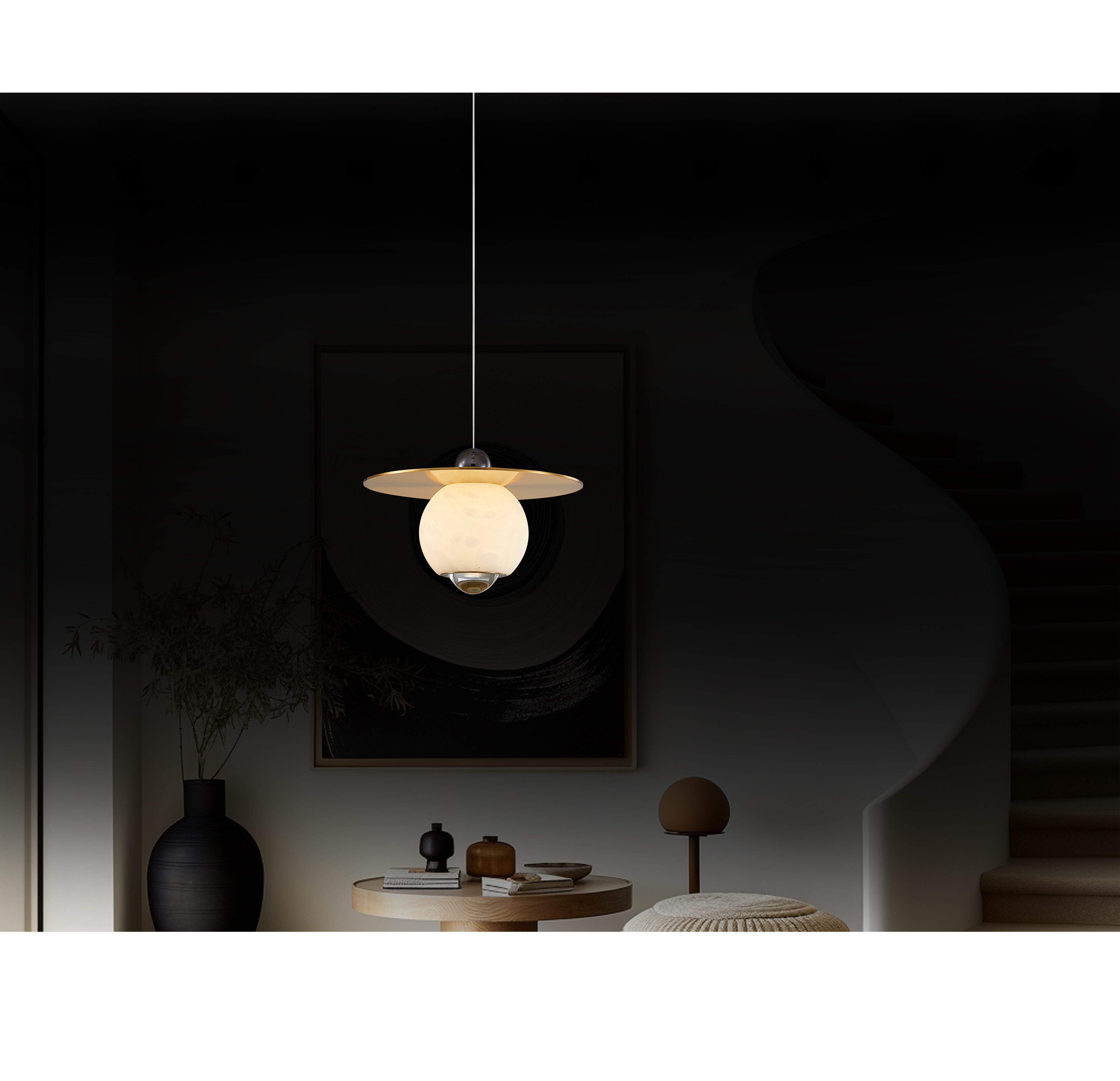 Mintaka- White Marble Brushed Brass Led Pendant 24cm