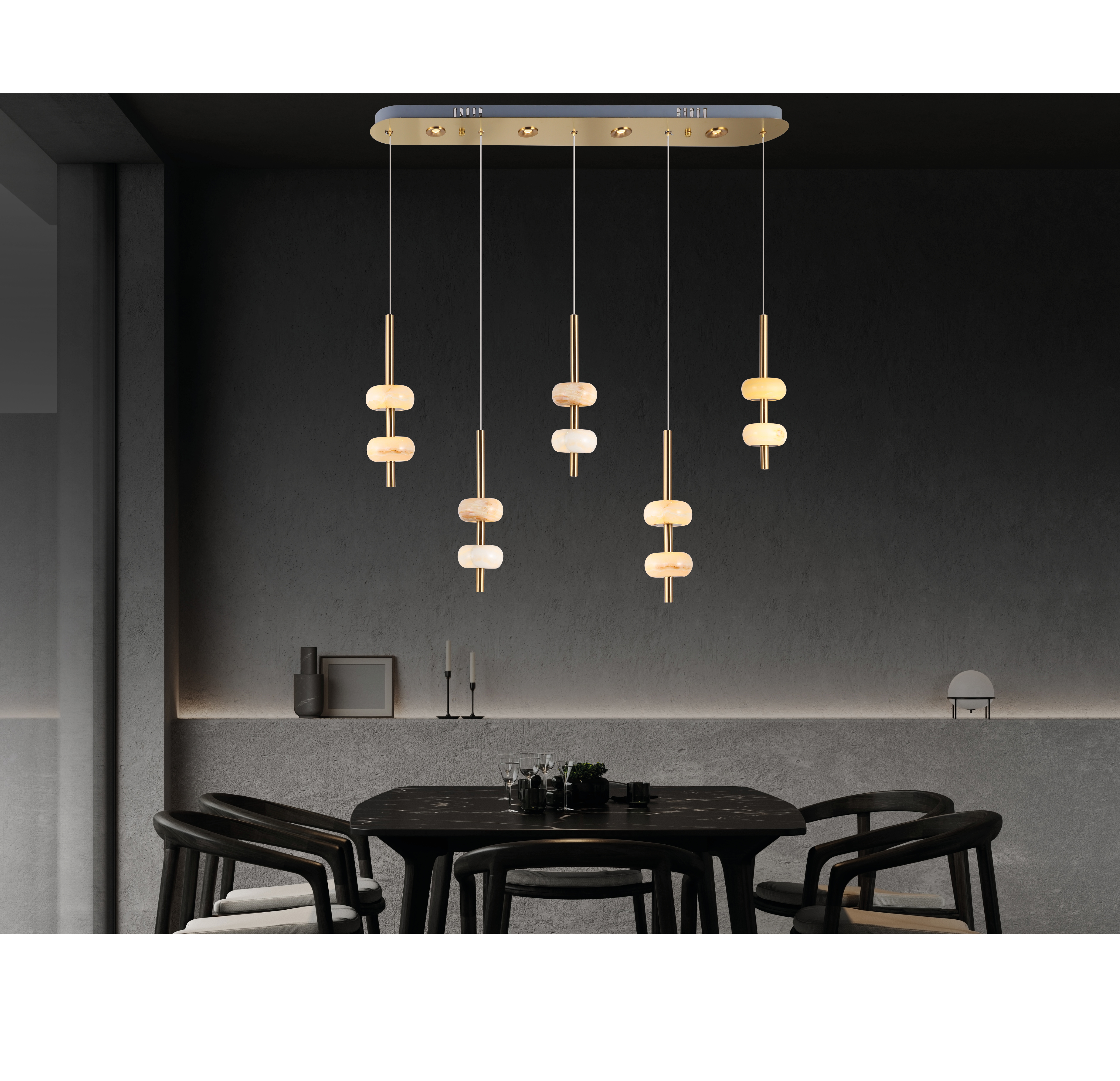 Umay- Five Double Marble Dining Table Led Pendant Chandelier