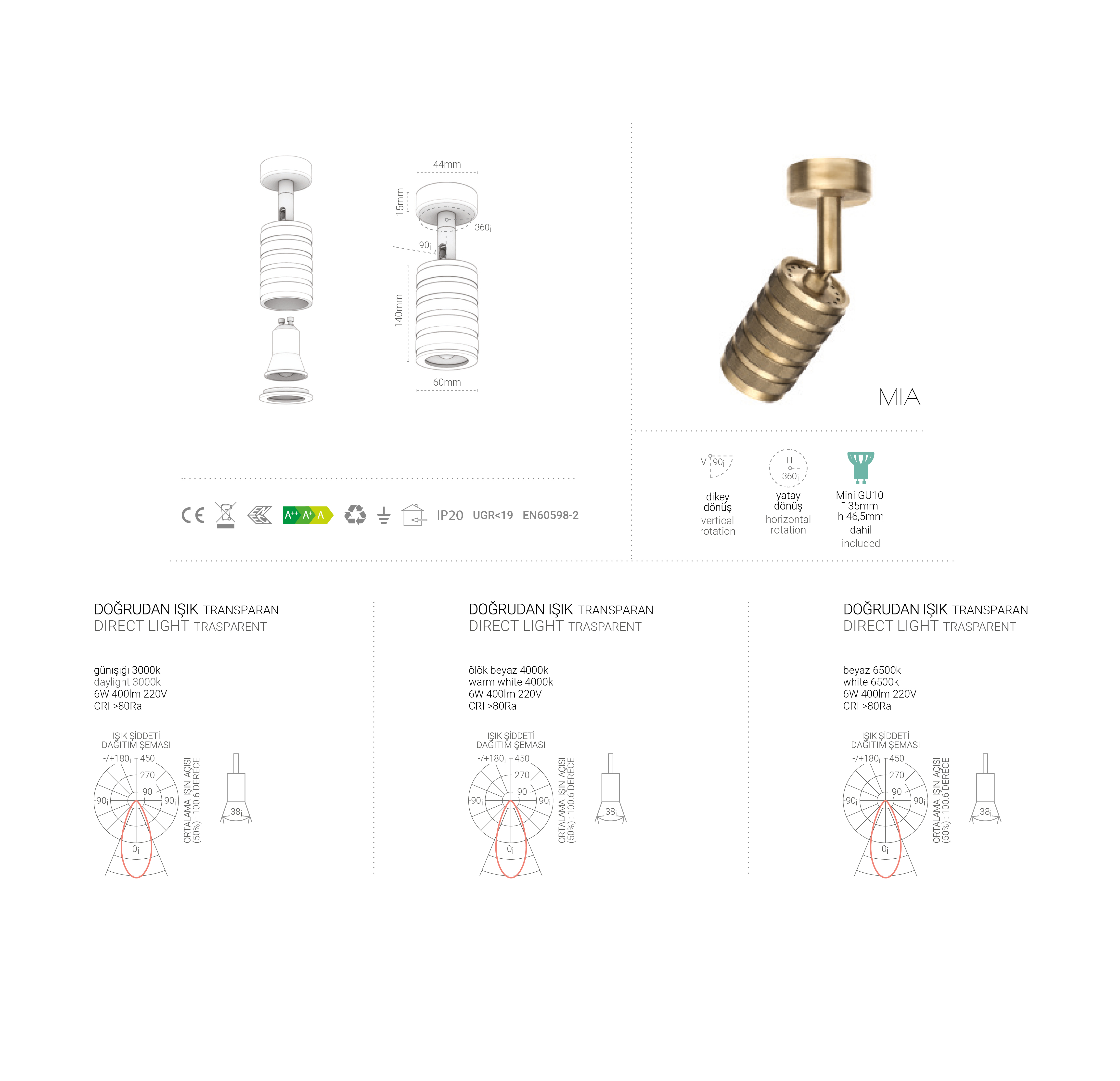 Mia- Brushed Brass Serrated Spot 60x140mm